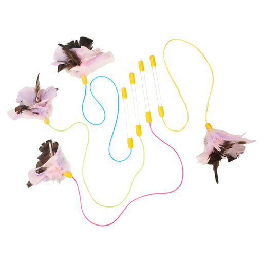Cat toys with 6" clear rods, 25" silky cords i various colors with feather fluffs of various types and colors.