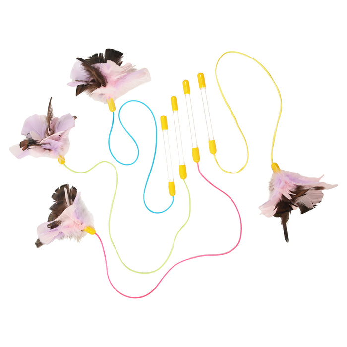 Cat toys with 6" clear rods, 25" silky cords i various colors with feather fluffs of various types and colors.