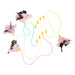 Cat toys with 6" clear rods, 25" silky cords i various colors with feather fluffs of various types and colors.