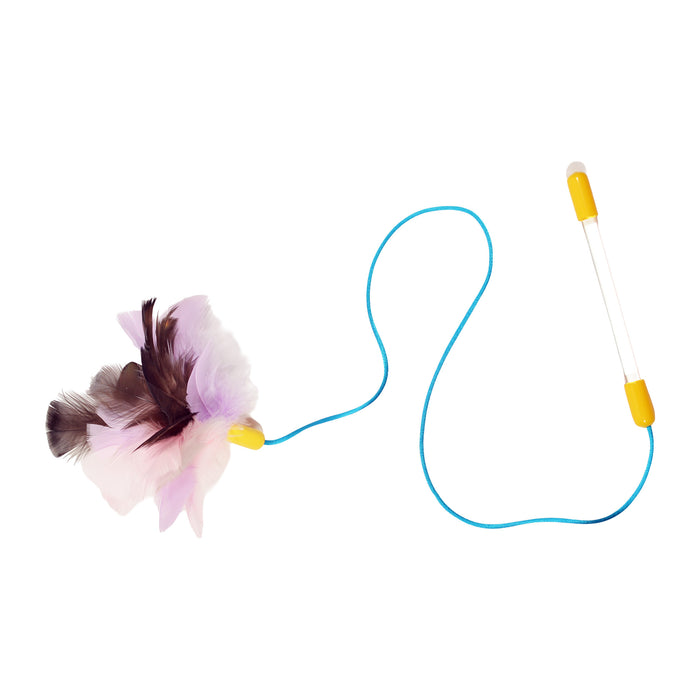 Cat toy with 6" rod, 25" cord, 3" feather fluff. 