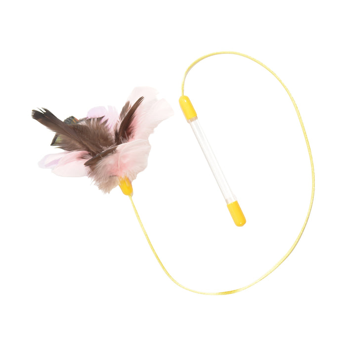 Cat toy with 6" clear rod, 25" silky cord in yellow with a feather fluff of various types and colors.
