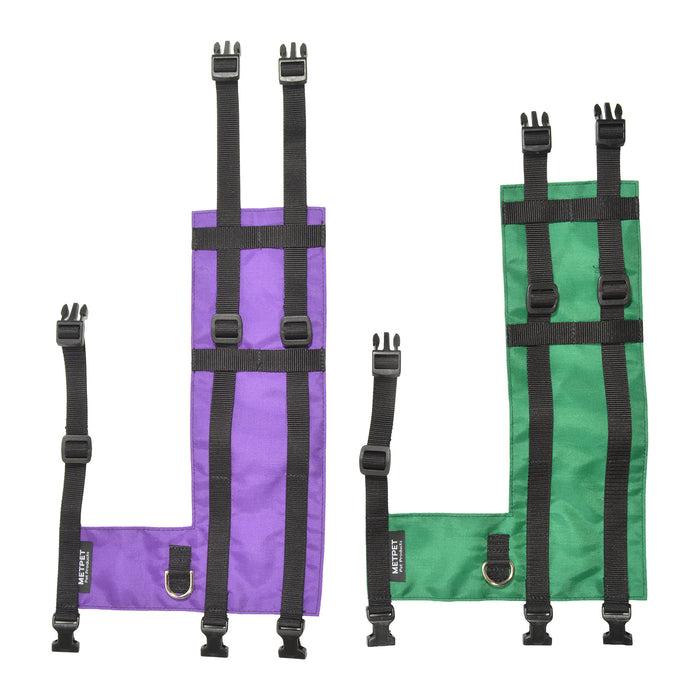 WalkingJacket for Cats in Large and Standard Sizes shown next to each other in purple and grass green.